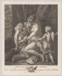 Venus sørger over Adonis, sidder under et træ og omfavner ham, med Amor til højre, c..., ca. 1786.