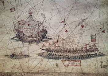 Galej og portugisisk karavel, detalje fra Middelhavets søkort