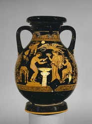 Apulisk rødfigur dekoreret med en scene af en brud på hendes toilet, Suckling Group, fundet ved Basilicata, ca. 375-350 f.Kr. (keramik)