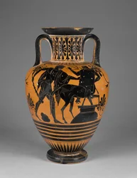 Athensk Attic sort-figur hals amfora med Herakles og kentaur, ca. 480-60 f.Kr. (terracotta)
