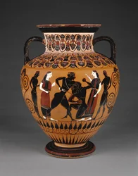 Athensk attisk sort-figur hals amfora med Theseus, der dræber Minotaurus, ca. 550 f.Kr. (terracotta)