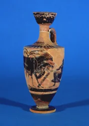 Attic sort-figur lekythos forestillende Odysseus undslippe Cyclops, ca. 530 f.Kr