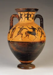 Attic sort-figur hals amfora med Herakles forfølger en kentaur, ca. 530 BC (terracotta)