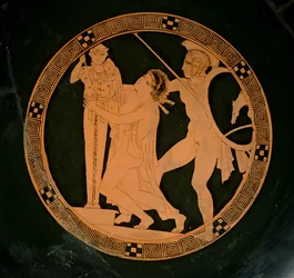 Attic rød-figur kop, der forestiller Cassandra jaget af Ajax, der søger tilflugt af en xoanon af Athena, ca. 430 f.Kr. (keramik)