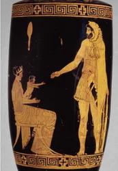 Lekythos med rødfigur fra attisk tid, der forestiller Herakles, keramisk detalje af 100581