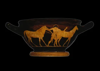 Attic rød-figur skyphos, der forestiller Herakles og Hopperne fra Diomedes (keramik)