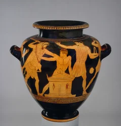 Attisk rødfigurig stamnos dekoreret med Herakles og Busiris, Egyptens konge, af en sen efterfølger af Berlins maler, fra Vulci, ca. 470-460 f.Kr.