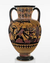 Kalkidisk sortfigureret halsamfora med Odysseus, der dræber en thraker, ca. 540 f.Kr.