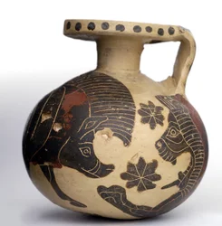 Korintiske sorte kugleformede aryballos forestillende dyr, Mellemkorinthisk periode (600-575 f.Kr.) (ler)