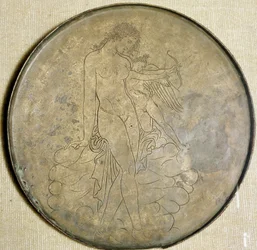 Græsk kunst: "" Afrodite og Eros"" Bronzespejl. 350 f.Kr., Louvre-museet