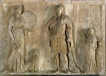 Græsk kunst: "" Frygiske guddommelige Cybele og Attis, hans søn og elsker"" Marmorrelief fra det 2. århundrede f.Kr. Museo Archeologico, Venedig