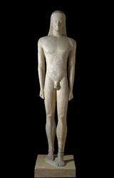 Græsk kunst: statue af en kouros, skulptur af en ung mand fra den arkaiske periode (650-500 f.Kr.), 530-520 f.Kr. Fra Melos. Mål: 1,94 m. Athen, Det Nationale Arkæologiske Museum