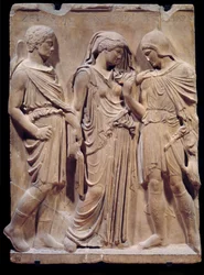 Græsk antikvitet: Orphees farvel til Eurydice, som Hermes er parat til at bringe tilbage til helvede. Inskriptionen med navnene på Zethus, Antiope og Amphion går tilbage til renæssancen. Lavt marmorrelief. 480-323 f.Kr. Søn 1,2 m Paris, Musée du Louv