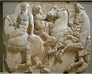 Græsk kunst: "" ryttere""" frise af parthenon. Marmor reliefstrømper. 447-432 f.Kr. Athen, Akropolis Museum