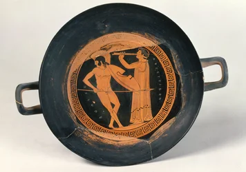 Græsk bæger med rød figur, der forestiller en kriger, der danser Pyrrhic, af Aristeides den Ældre (keramik)