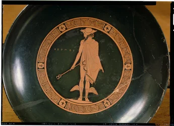 Græsk bæger med rød figur, forestillende guden Hermes (keramik)