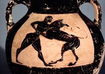 Herakles kæmper med den Nemeiske løve, detalje fra en attisk sortfiguret amfora (keramik)