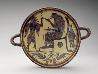 Lakonisk kylix-bæger forestillende Zeus og Hermes, ca. 550-530 f.Kr. (ler) (se også 288296 og 288298)