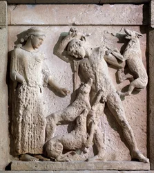 Magna graecia: metope med Artemis og Actaeon, stenrelief, 5. århundrede f.Kr.