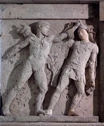 Magna graecia: metope med herakles og amazon, stenrelief, 5. århundrede f.Kr.