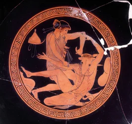 Minotauros dræbt af Theseus - græsk vase opbevaret på det arkæologiske museum i Firenze. Indersiden af den rødfigurerede pentiske skål, Dokimasia-maleren. 480 f.Kr.