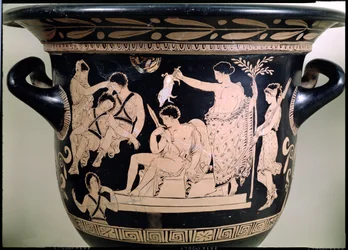 Orestes som leverandør ved Apollon-helligdommen i Delphi, detalje fra et attisk krater med rød figur, tilskrevet den apuliske Eumenides-maler-keramikdetalje fra 92567