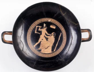 Maleri på snit: Repræsentation af Heraclés, der vifter med en stol for at slå sin musikmester ud, 470 f.Kr. BNF, Medaljekontoret.