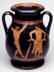 Maleri på vase: Herakles (Herkules) forbereder sig på at iføre sig løveskindet, en atlet til venstre for ham varmer op. 490 f.Kr. BNF, Medaljekabinettet.