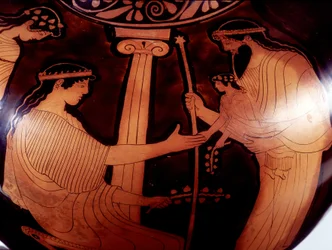 Maleri på vase: Jupiter (Zeus) præsenterer den unge Dionysus (Bacco) for to kvinder. 480 f.Kr. BNF, Medaljekontoret.