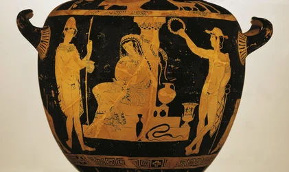 Krater med rød figur, der forestiller Orestes, Elektra og Pylades ved Agamemnons grav (keramik)