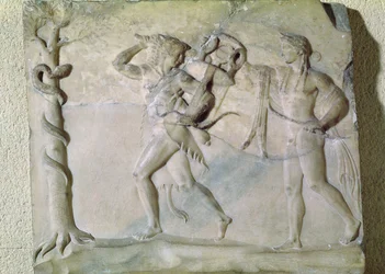 Tablet, der forestiller Hercules, der bærer Delphic Tripod af foran Apollo (marmor)