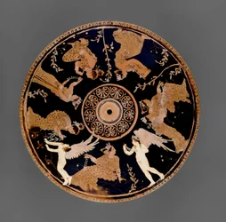 Attic rød-figur Pyxis, detalje af låget dekoreret med kvinder, der holder kærlighedspoletter og halskæder, tæt på Medidias Painter (keramik)