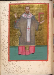 Egerton 2392, f.5v, miniature af den stående Johannes Chrysostomos med en bog, fra Leitourgikon, der omfatter ordinationsgudstjenester og bønner