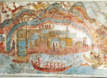 Fresko med en skibsprocession fra Akrotiri på øen Thera, Santorini, Grækenland, detalje: en kystby