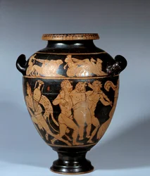 Greek art: attic stamnos in ceramic with red figures. Dionysian scene. Painter of Danaedani