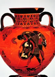 Græsk civilisation, 6. århundrede f.Kr. Sortfigurkeramik. Amfora, der viser Ajax bære Achilleus