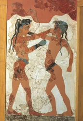 Græsk civilisation, Fresko af unge boksere, Fra Akrotiri, Thera Island, Santorini, Grækenland