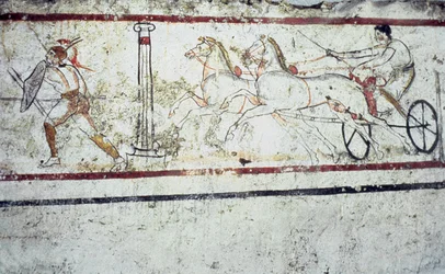 Lucanian fresko-gravmaleri, der forestiller en gladiator og en mand på en vogn, Paestum 350-330 f.Kr.