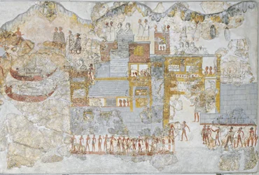Miniature freskomaleri, der viser en flåde, der forlader kajen, fra det vestlige hus i Thera eller Santorini, Grækenland