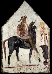 Malet plade, den såkaldte sorte rytter, fra Paestum, Andriuolo, grav 58