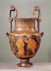 Rødfigurkrater, der viser en samtale mellem en efebe og en kvinde iført en himation, fra Boeotia (keramik)