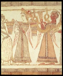 Rituel scene for tilbedelse, muligvis vedrørende ærbødighed for de døde, detalje af dekoration på en sarkofag fra en grav ved Ayia Triada, Kreta, sen minoisk periode, ca. 1390 f.Kr.