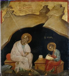 Johannes evangelisten med sin skriver Prochoros (glansmaling på poppeltræ)