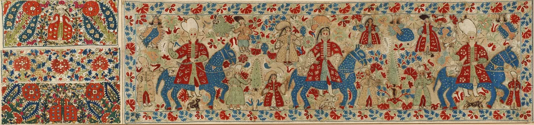 Brudepudebetræk, fra Ioannina, Ipeiros, 1600-1700-tallet (linned med silke- og sølvmetaltråde)