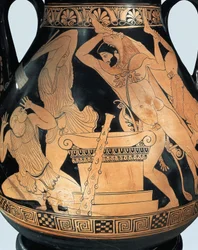 Attic pelike forestillende Herakles, der dræber kong Busiris og egyptiske præster, af Pan Painter, keramik med røde figurer