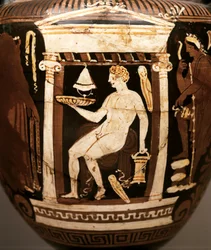 GRÆSK KUNST: Apulisk rød figur volute-krater. Begravelsesscene. Offering ins..., ca. 330-320 f.Kr (keramik)