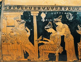Keramik med rød figur, Epinetron af Eretria Painter, der forestiller kvinden ved hendes toilet, detalje