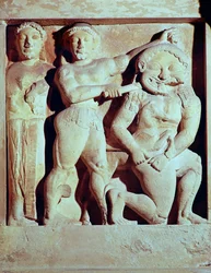 Relief forestillende Perseus, der hjælper Athene med at dræbe gorgonen, metop fra Selinunte-templet, Sicilien (sten)