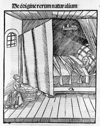 En jordemoder renser den nyfødte baby, mens moderen hviler. Gravering - i "" Margarita Philosophica"" af Gregor Reisch (1467-1525), Basel