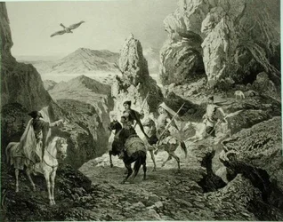 En falkejagt nær Jerevan, Armenien, plade 20 fra en bog om Kaukasus, indgraveret af Eugene Ciceri (1813-90) og Adolphe Jean-Baptiste Bayot (1810-66), udgivet af Alfred Leon Lemercier, Paris